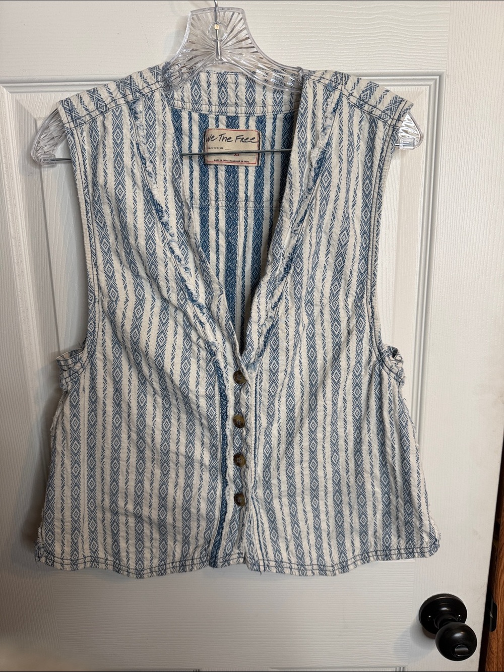 Free People Cream and Blue Striped Sleeveless Button-Front Vest